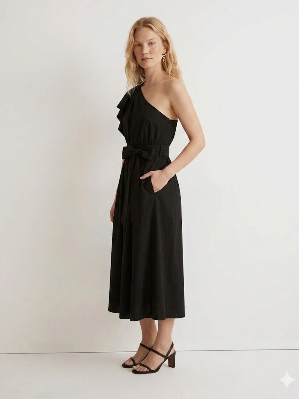 Madewell Ruffled One Shoulder Flowy Lightweight Midi Dress Black 00/XS NWT